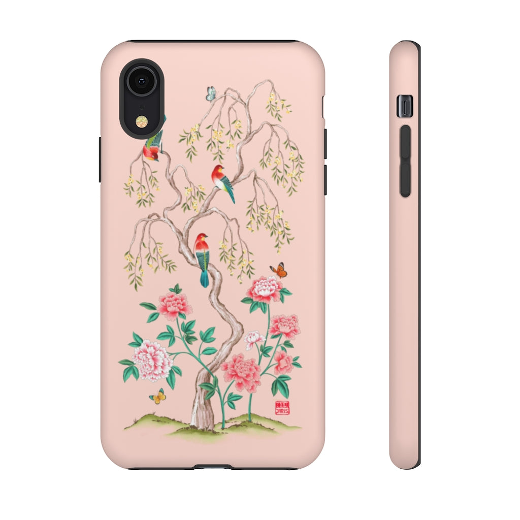 Chinoiserie Floral iPhone Case and Chinoiserie Floral Samsung Phone Cover featuring watercolour Chinoiserie peony roses. Chinese art phone with decorative birds and butterflies. Impact resistant tough chinoiserie mobile phone case. Supports wireless charging. Designer mobile phone case made in the USA.