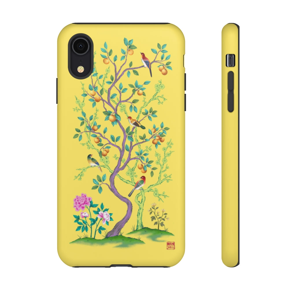 Chinoiserie Floral iPhone Case and Chinoiserie Floral Samsung Phone Cover featuring watercolour Chinoiserie peony roses. Chinese art phone with decorative birds and butterflies. Impact resistant tough chinoiserie mobile phone case. Supports wireless charging. Designer mobile phone case made in the USA.