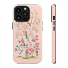 Chinoiserie Floral iPhone Case and Chinoiserie Floral Samsung Phone Cover featuring watercolour Chinoiserie peony roses. Chinese art phone with decorative birds and butterflies. Impact resistant tough chinoiserie mobile phone case. Supports wireless charging. Designer mobile phone case made in the USA.