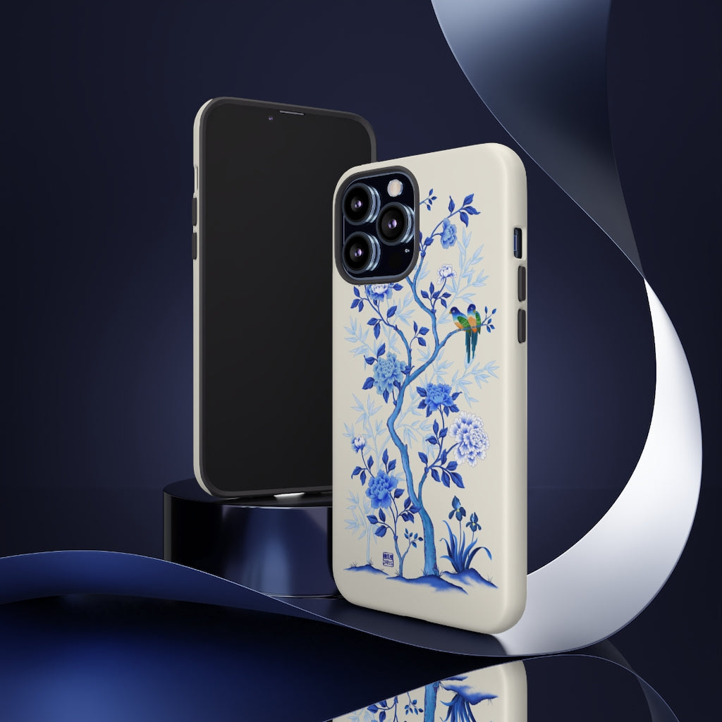 Chinoiserie Floral iPhone Case and Chinoiserie Floral Samsung Phone Cover featuring watercolour Chinoiserie peony roses. Chinese art phone with decorative birds and butterflies. Impact resistant tough chinoiserie mobile phone case. Supports wireless charging. Designer mobile phone case made in the USA.