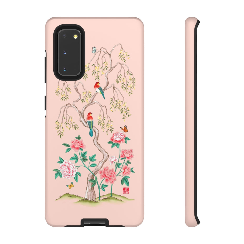 Chinoiserie Floral iPhone Case and Chinoiserie Floral Samsung Phone Cover featuring watercolour Chinoiserie peony roses. Chinese art phone with decorative birds and butterflies. Impact resistant tough chinoiserie mobile phone case. Supports wireless charging. Designer mobile phone case made in the USA.