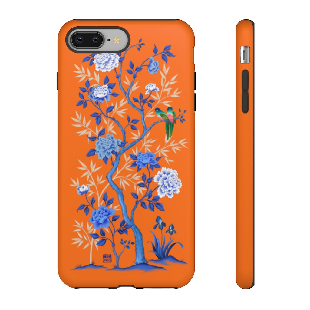 Chinoiserie Floral iPhone Case and Chinoiserie Floral Samsung Phone Cover featuring watercolour Chinoiserie peony roses. Chinese art phone with decorative birds and butterflies. Impact resistant tough chinoiserie mobile phone case. Supports wireless charging. Designer mobile phone case made in the USA.