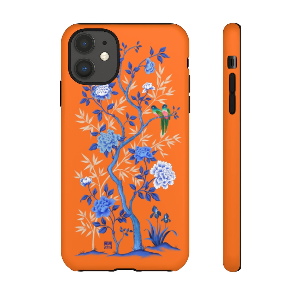 Chinoiserie Floral iPhone Case and Chinoiserie Floral Samsung Phone Cover featuring watercolour Chinoiserie peony roses. Chinese art phone with decorative birds and butterflies. Impact resistant tough chinoiserie mobile phone case. Supports wireless charging. Designer mobile phone case made in the USA.