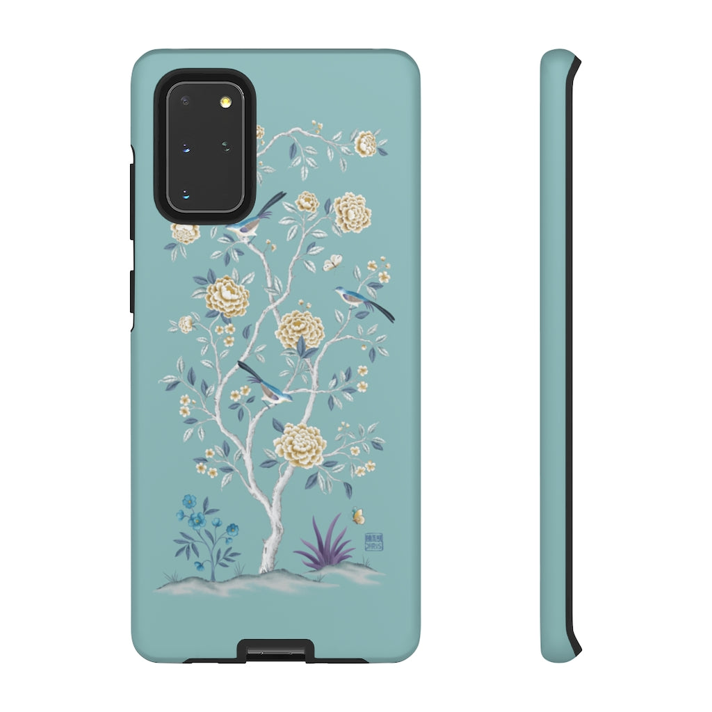 Chinoiserie Floral iPhone Case and Chinoiserie Floral Samsung Phone Cover featuring watercolour Chinoiserie peony roses. Chinese art phone with decorative birds and butterflies. Impact resistant tough chinoiserie mobile phone case. Supports wireless charging. Designer mobile phone case made in the USA.