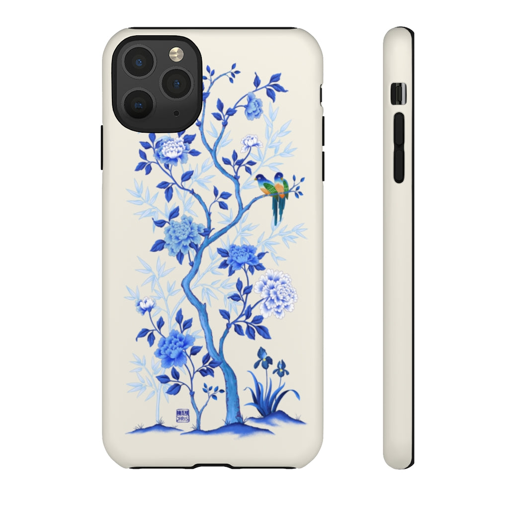 Chinoiserie Floral iPhone Case and Chinoiserie Floral Samsung Phone Cover featuring watercolour Chinoiserie peony roses. Chinese art phone with decorative birds and butterflies. Impact resistant tough chinoiserie mobile phone case. Supports wireless charging. Designer mobile phone case made in the USA.