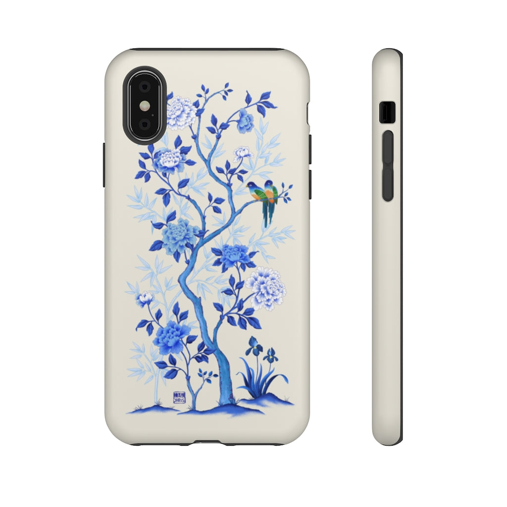 Chinoiserie Floral iPhone Case and Chinoiserie Floral Samsung Phone Cover featuring watercolour Chinoiserie peony roses. Chinese art phone with decorative birds and butterflies. Impact resistant tough chinoiserie mobile phone case. Supports wireless charging. Designer mobile phone case made in the USA.