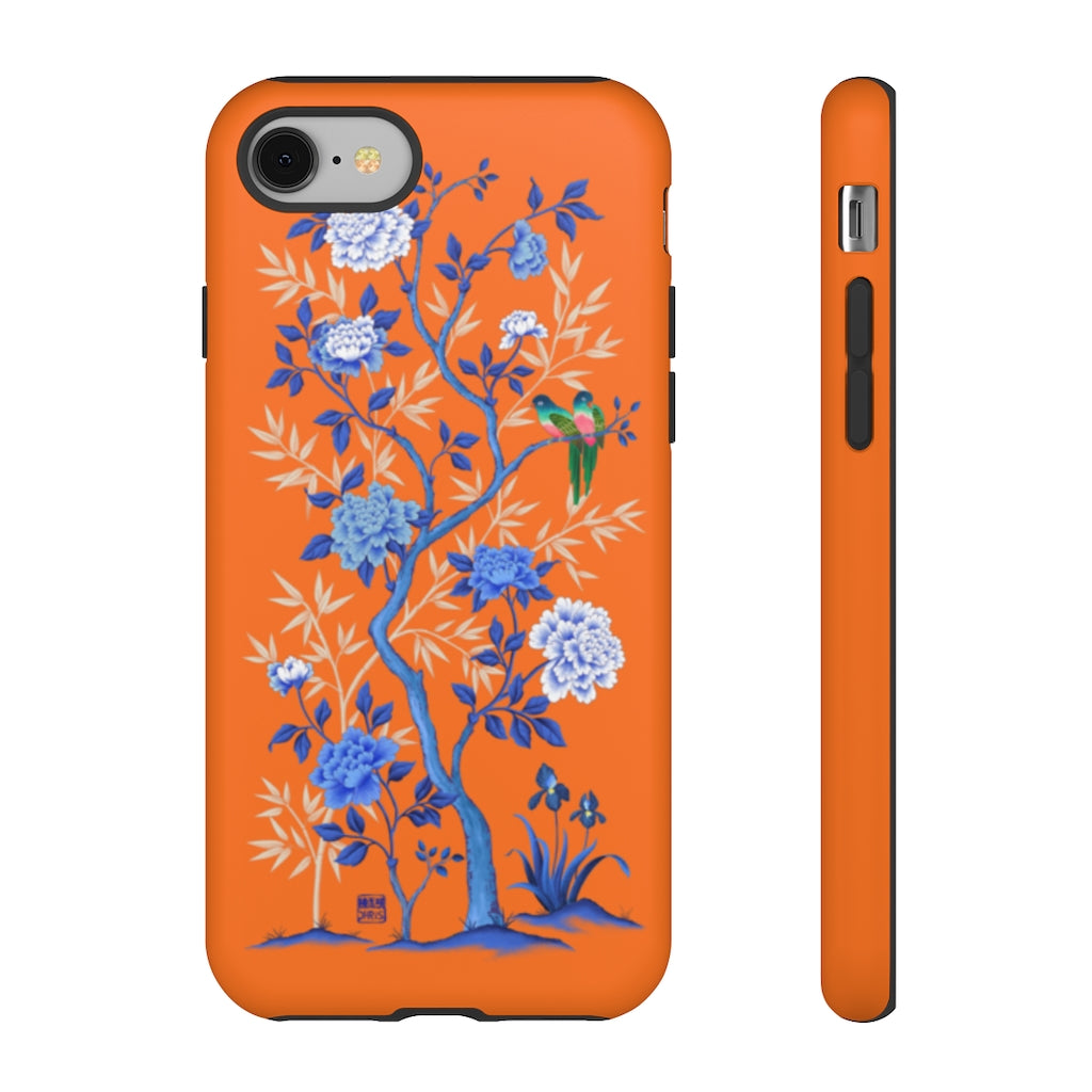 Chinoiserie Floral iPhone Case and Chinoiserie Floral Samsung Phone Cover featuring watercolour Chinoiserie peony roses. Chinese art phone with decorative birds and butterflies. Impact resistant tough chinoiserie mobile phone case. Supports wireless charging. Designer mobile phone case made in the USA.