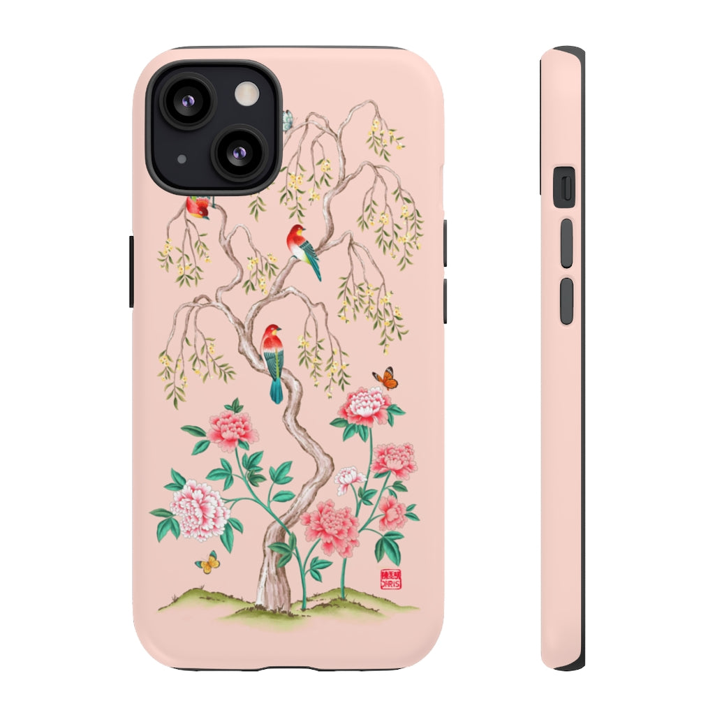 Chinoiserie Floral iPhone Case and Chinoiserie Floral Samsung Phone Cover featuring watercolour Chinoiserie peony roses. Chinese art phone with decorative birds and butterflies. Impact resistant tough chinoiserie mobile phone case. Supports wireless charging. Designer mobile phone case made in the USA.