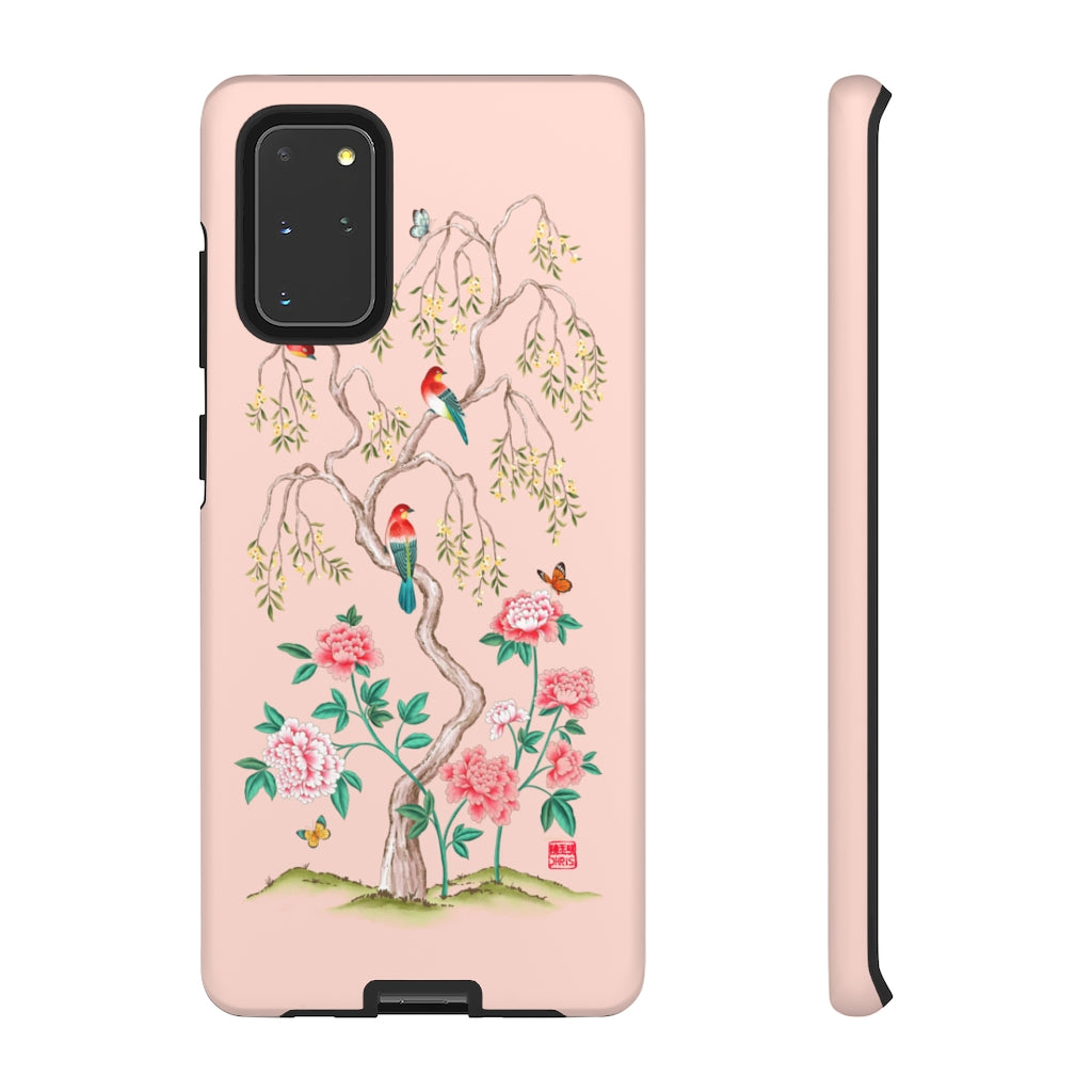 Chinoiserie Floral iPhone Case and Chinoiserie Floral Samsung Phone Cover featuring watercolour Chinoiserie peony roses. Chinese art phone with decorative birds and butterflies. Impact resistant tough chinoiserie mobile phone case. Supports wireless charging. Designer mobile phone case made in the USA.