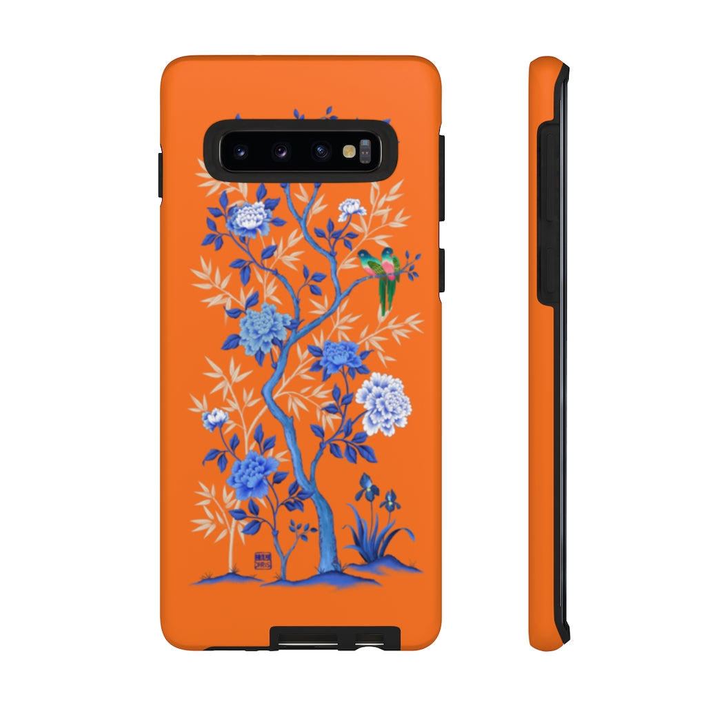 Chinoiserie Floral iPhone Case and Chinoiserie Floral Samsung Phone Cover featuring watercolour Chinoiserie peony roses. Chinese art phone with decorative birds and butterflies. Impact resistant tough chinoiserie mobile phone case. Supports wireless charging. Designer mobile phone case made in the USA.