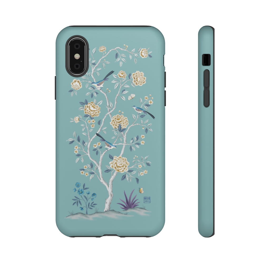 Chinoiserie Floral iPhone Case and Chinoiserie Floral Samsung Phone Cover featuring watercolour Chinoiserie peony roses. Chinese art phone with decorative birds and butterflies. Impact resistant tough chinoiserie mobile phone case. Supports wireless charging. Designer mobile phone case made in the USA.